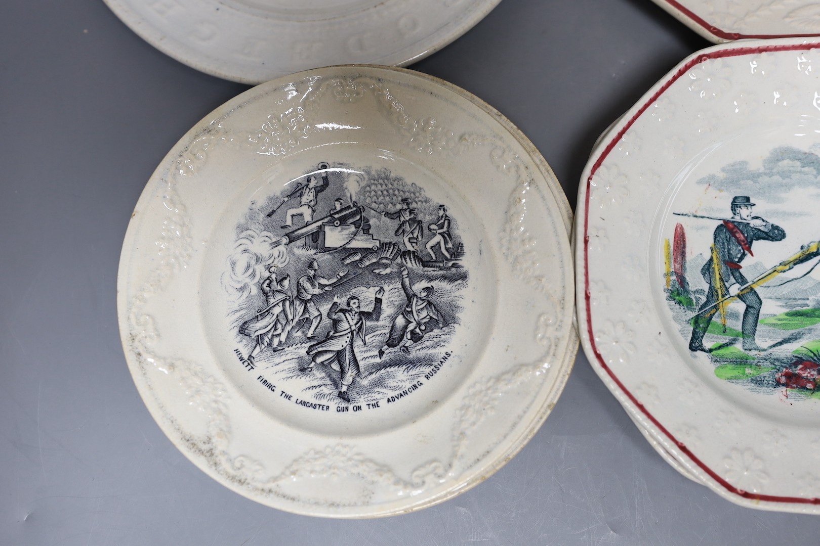 A group of mid-19th century Staffordshire rifle brigade and Crimean war commemorative nursery ceramics, Largest 21 cm